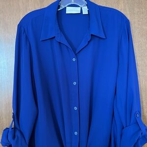 EUC Chico’s Cobalt Blue Tie Front High Low Shirt Roll Tab Sleeve Size 2/12